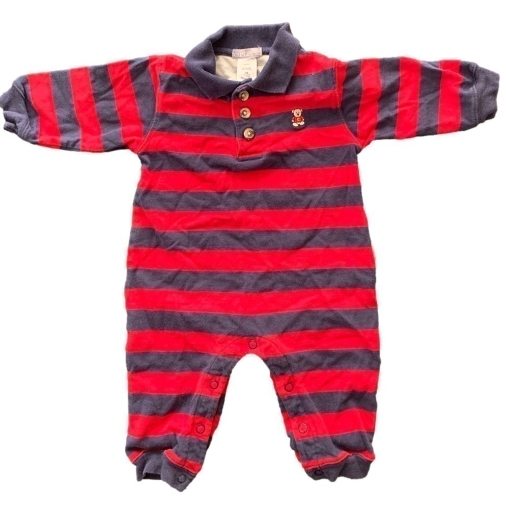 Carter’s Teddy Bear Blue Red Striped Long Sleeve One Piece Pants Romper 9Mos